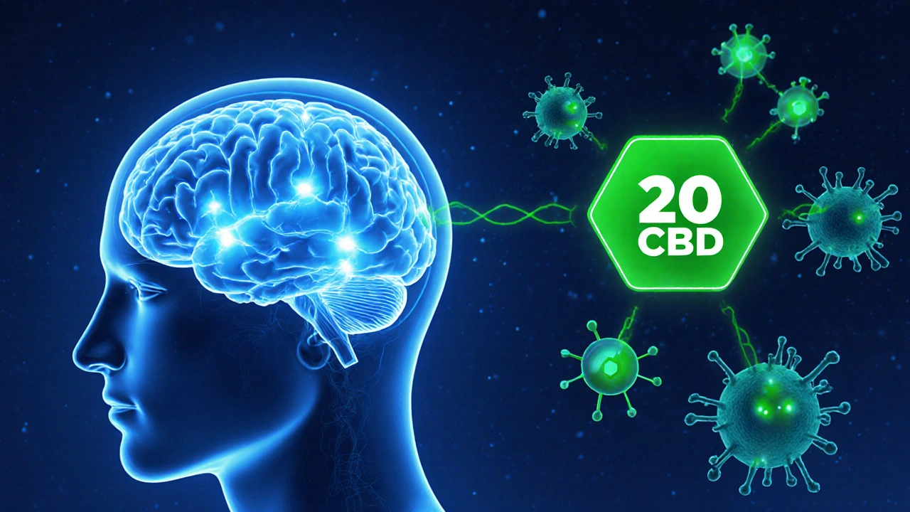Ilustrace endokanabinoidního systému s CB1 a CB2 receptory a molekulou CBD.