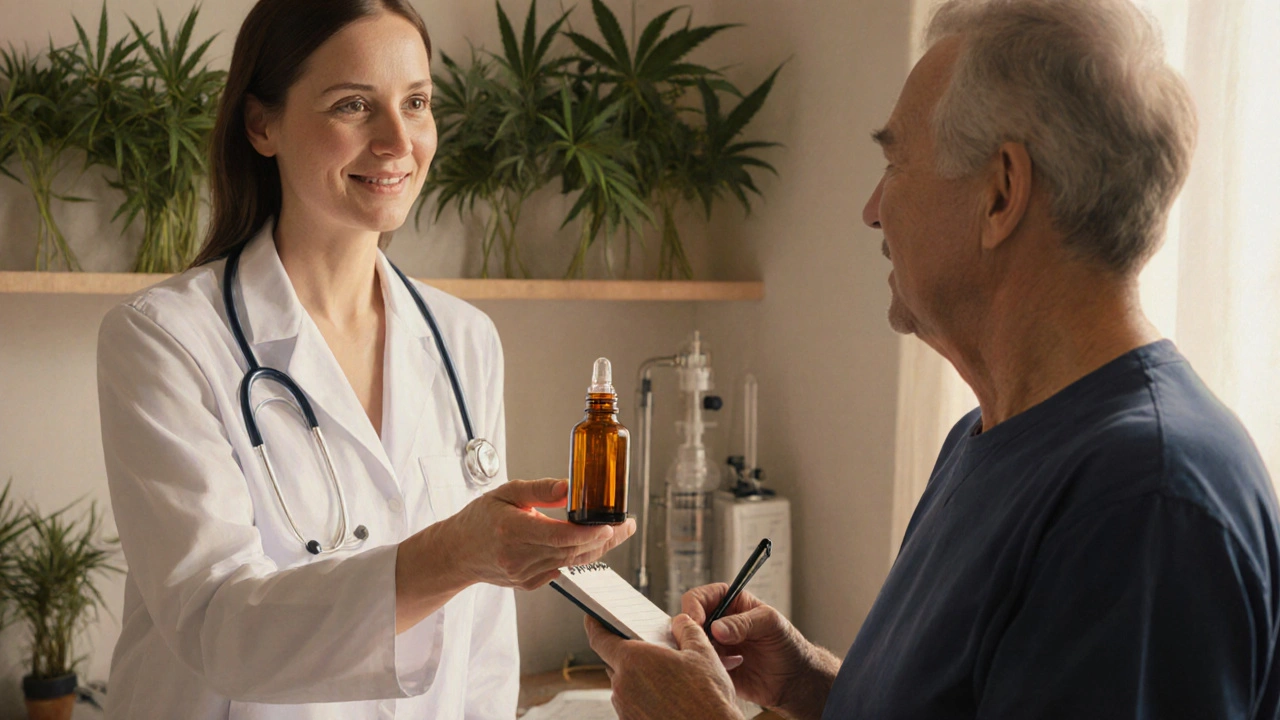 Lékař předává pacientovi CBD produkt, zdůrazňuje kvalitu a bezpečnost.