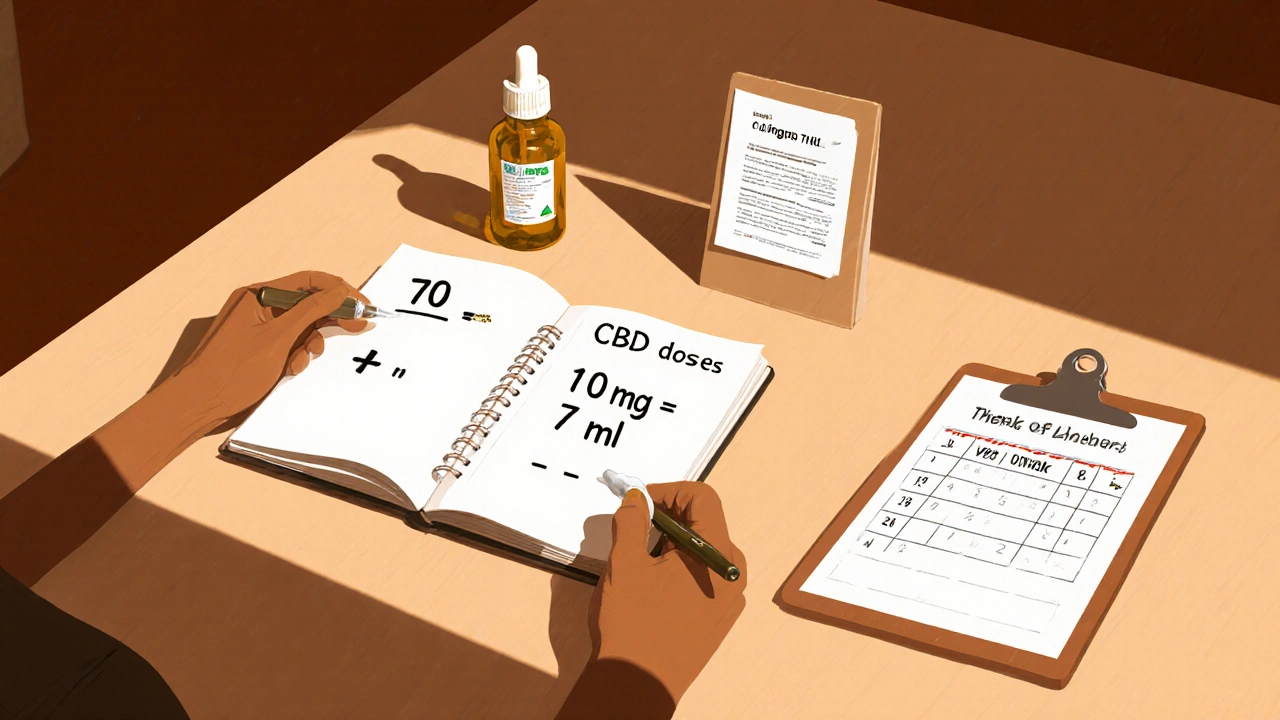 Osoba u stolu počítá dávku 70 mg CBD, vedle lékařské poznámky a kalendář, v teplém osvětlení.