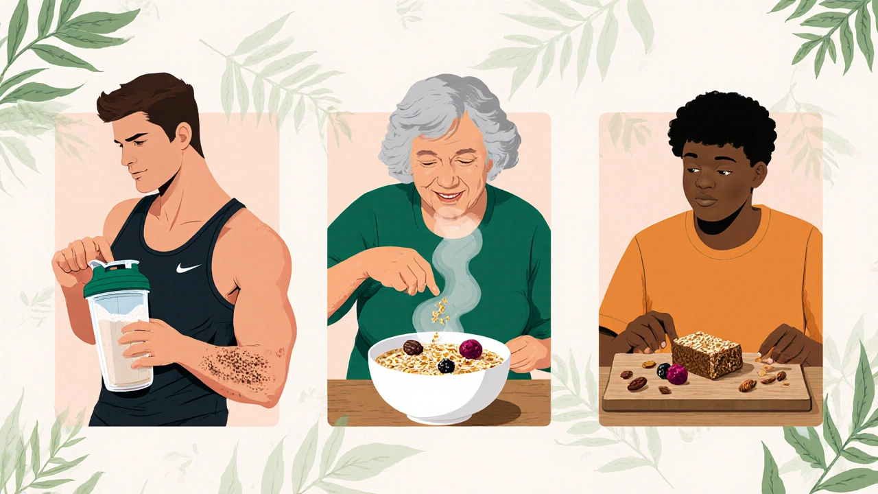 Sportovec, seniorka a vegan připravují jídla s konopným proteinem.
