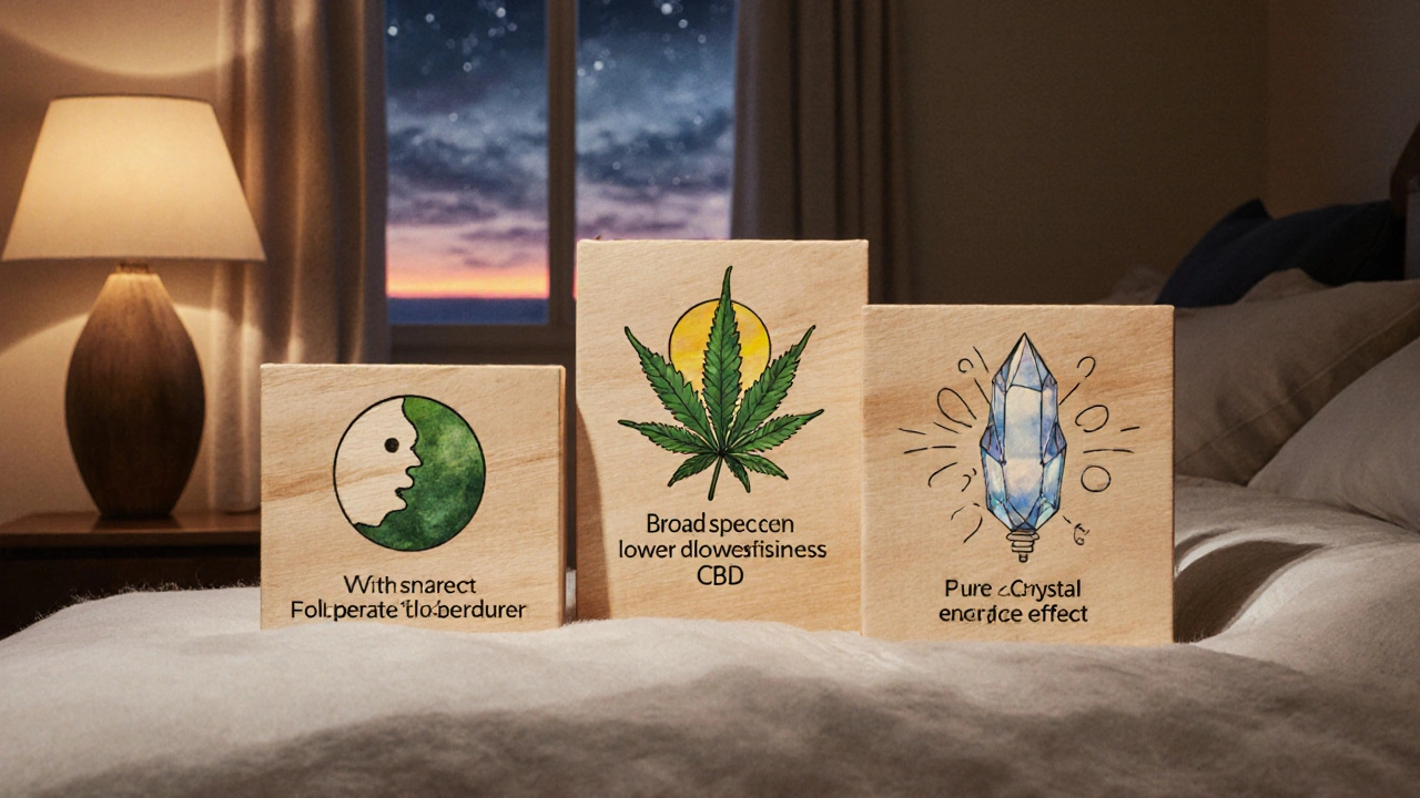 Tři dřevěné krabice s ikonami představující různé typy CBD a scény večera, východu slunce a dne.
