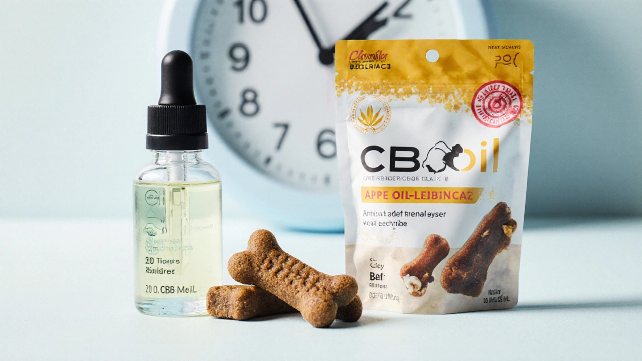 CBD olej a žvýkačky pro psy vedle sebe na stole.