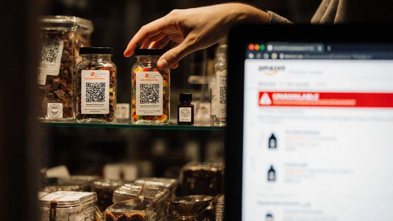 Česká lékárna s legálními CBD gumičkami a certifikáty, zatímco na obrazovce je Amazon s chybou.