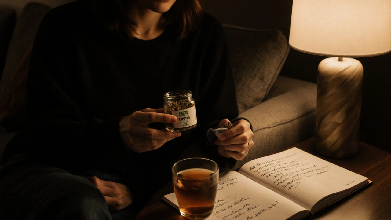 Osoba večer v klidu s CBD crumble a sešitem