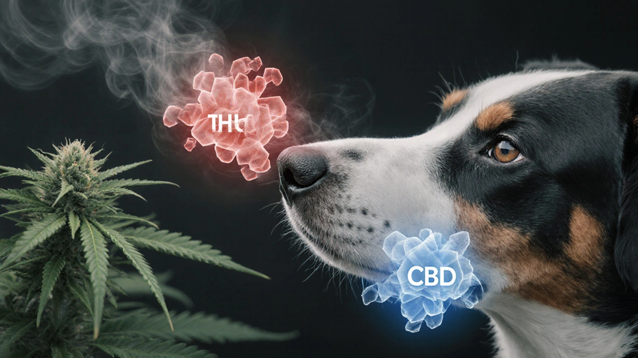 Pohled na nos psa s vizualizací chemických molekul THC a CBD, kde jen THC vyvolává reakci.