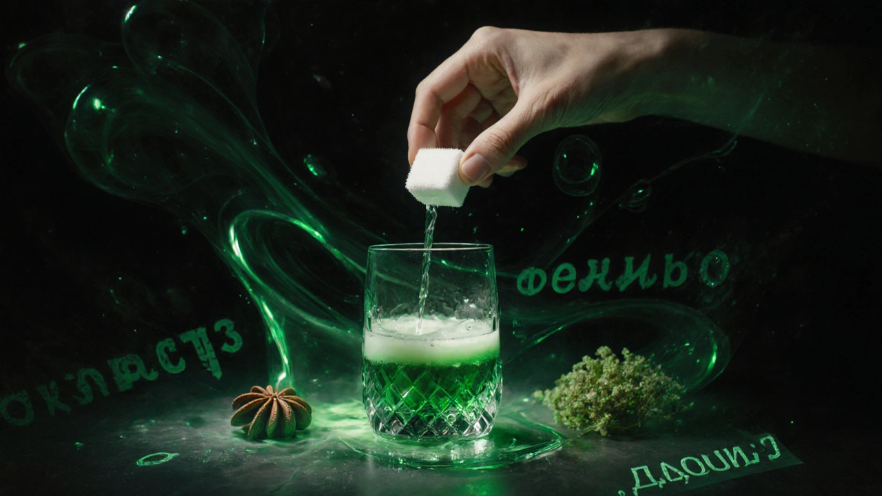 Přeměna absintu z průhledného na mléčně zelený při ředění vodou