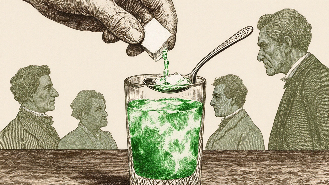Rukou přelévající vodu přes cukr na lžíci do absinty, která se mění na mlhavou bílou barvu.