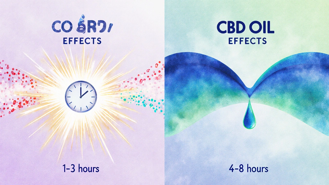 Srovnání rychlého účinku CBD dábů a pomalého účinku CBD oleje v symbolické podobě.