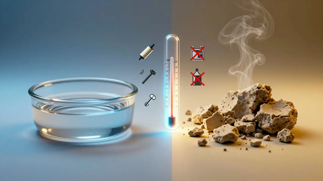 Dvě části: čistý dab a crumble s teplotou vypařování a zakázanými látkami v pozadí.
