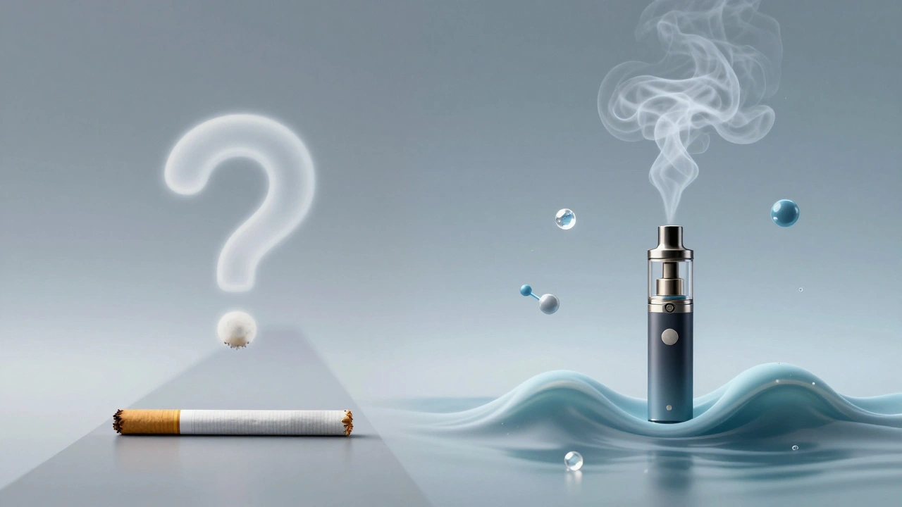 Dvě cesty: cigaretový kouř tvaru otazníku a vape s vodní vlnou z CBD molekul.