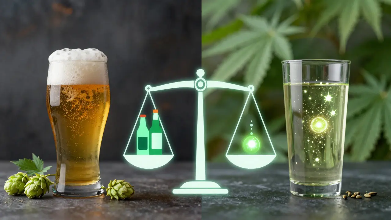 Dvě sklenice: klasické pivo a konopní nápoj s CBD, oddělené rovnovážnou váhou.