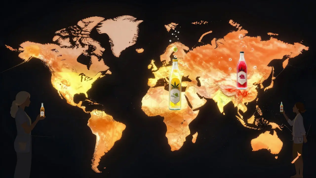 Globální mapa s konopnými nápoji označujícími hlavní trhy v USA, Kanadě a Evropě.