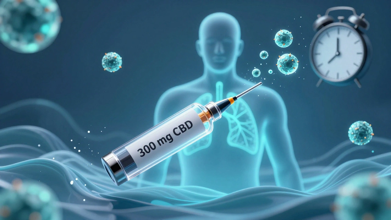 Průhledný kartridž s 300 mg CBD a molekulami CBD vstupujícími do plic.