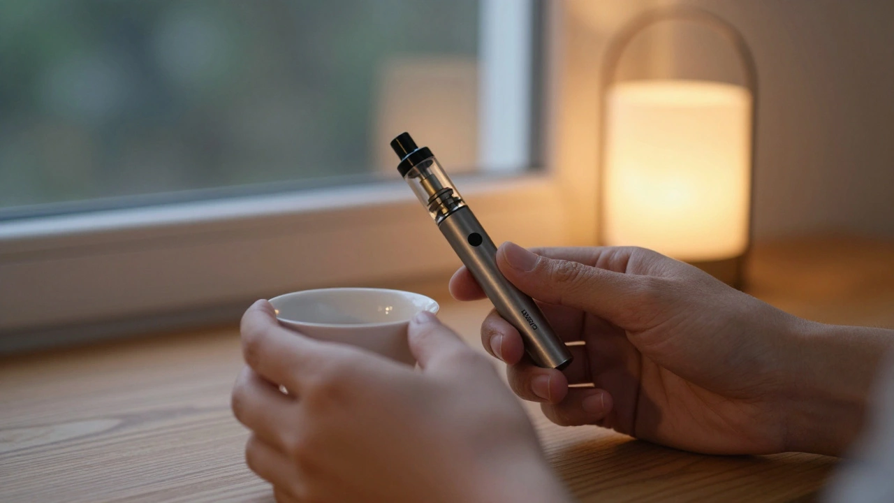 Ruce drží vape a šálek čaje ve večerním světle, bez cigaret.