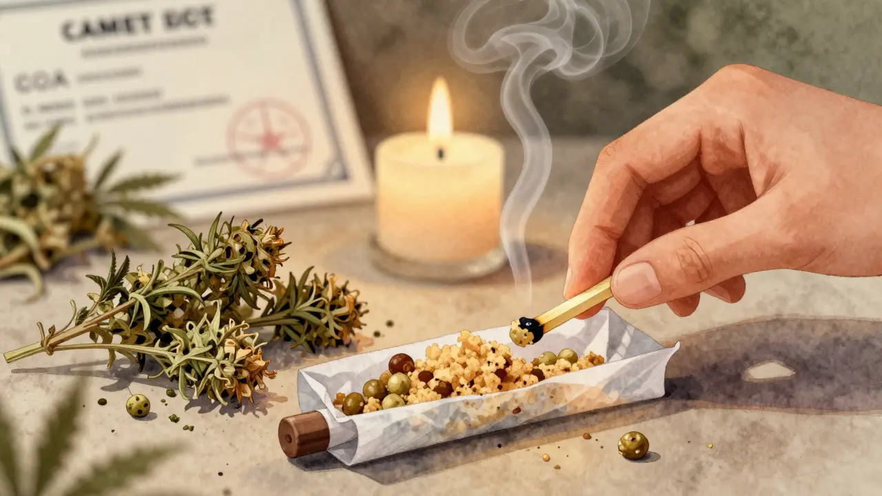 Ruka přidává malý kousek crumble do papíru s konopím, připravuje se k zapálení.