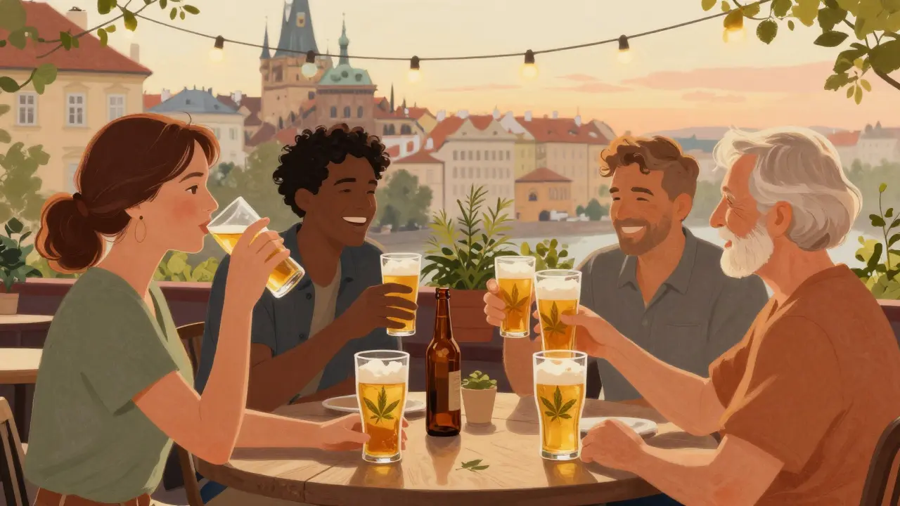 Skupina lidí na terase v Praze si užívá konopní pivo za teplého večerního světla.
