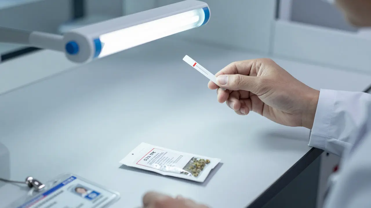 Technik v laboratoři kontrolyuje test moči, vedle leží balení CBD květu.