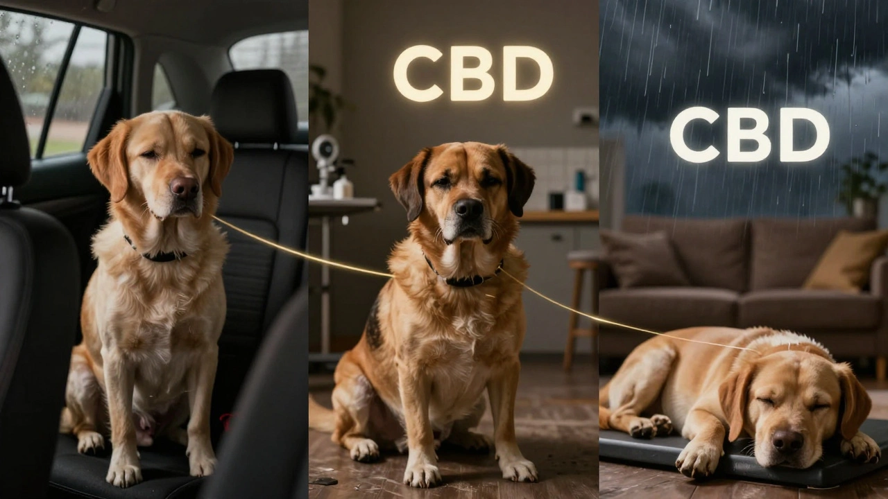 Tři psi v klidných situacích — v autě, u veterináře a ve spánku — spojení zlatými vlákny úlevy.
