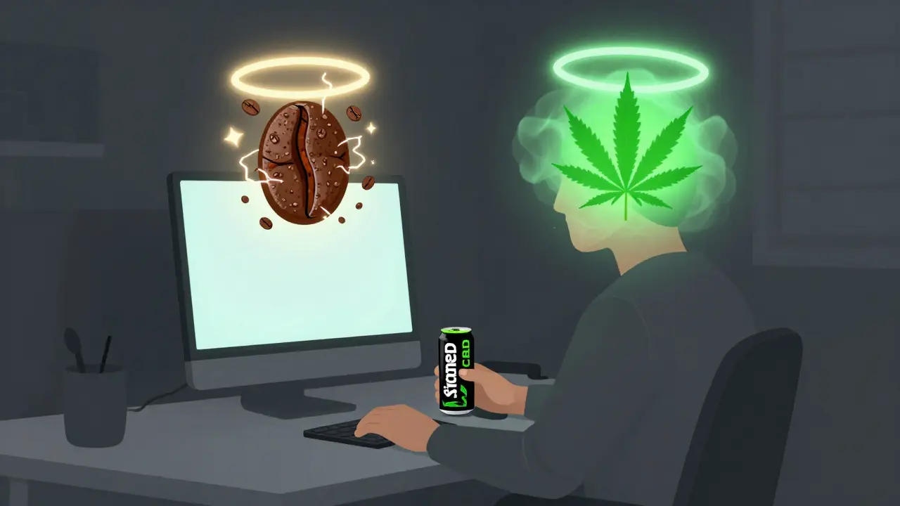 Člověk u počítače s dvěma symbolickými haló: kofein jako elektrické jiskry a CBD jako zelený mlhavý odstín.