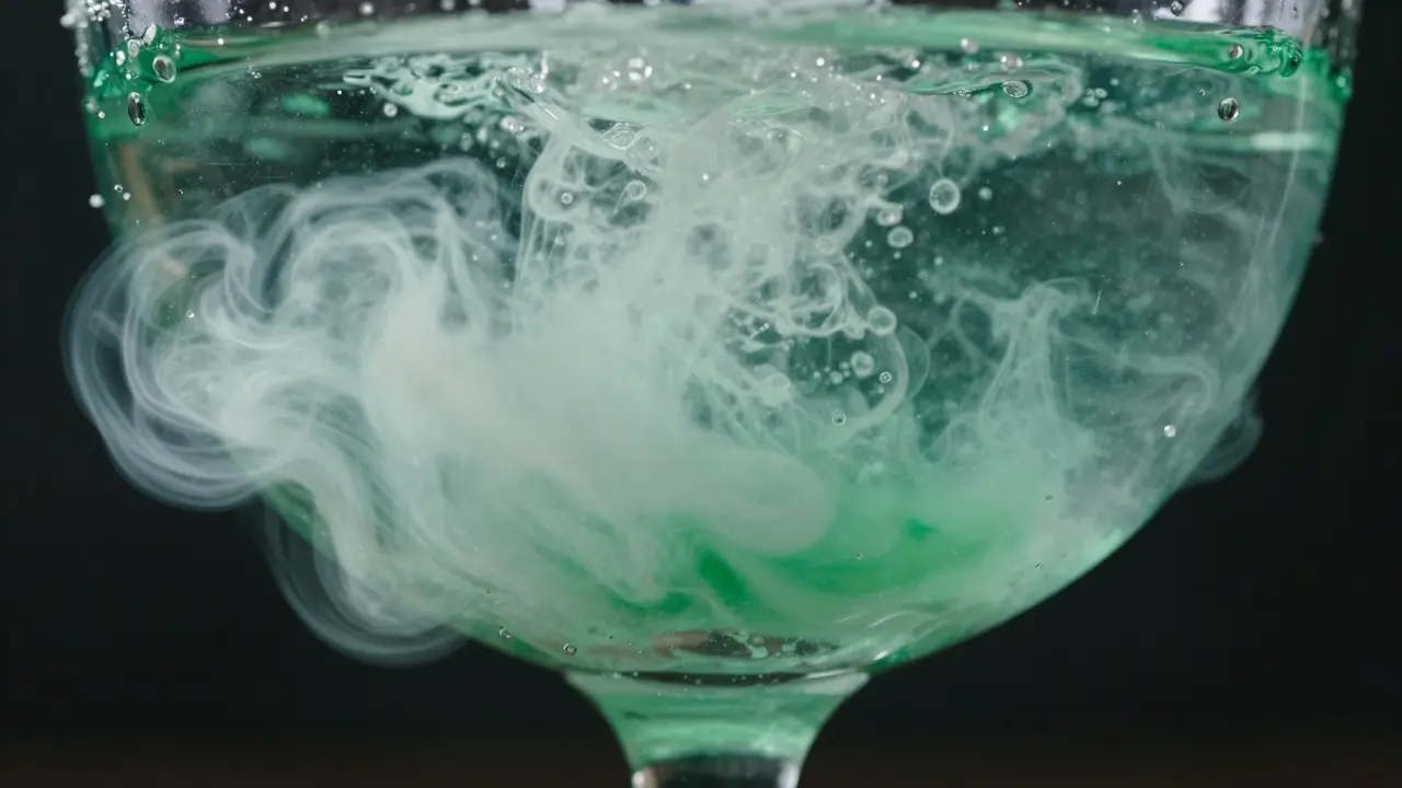 Detailní záběr přechodu absintu z průhledné zelené do mléčně bílé barvy při přidání vody.