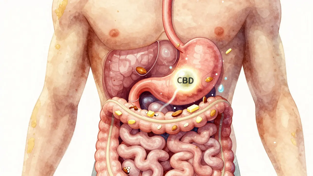 Glowing CBD molekula cestuje trávicím traktem kolem jídla.