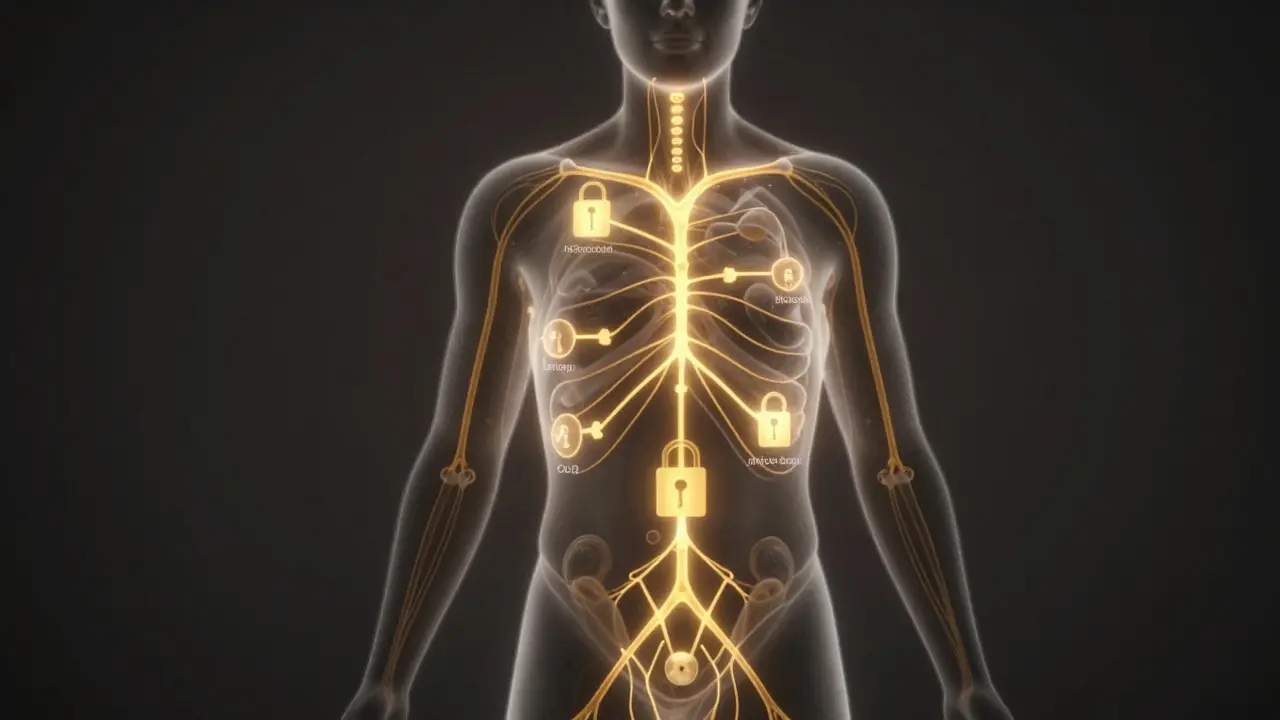 Glowing endokanabinoidní systém v těle s CBD molekulami jako klíči rovnováhy.