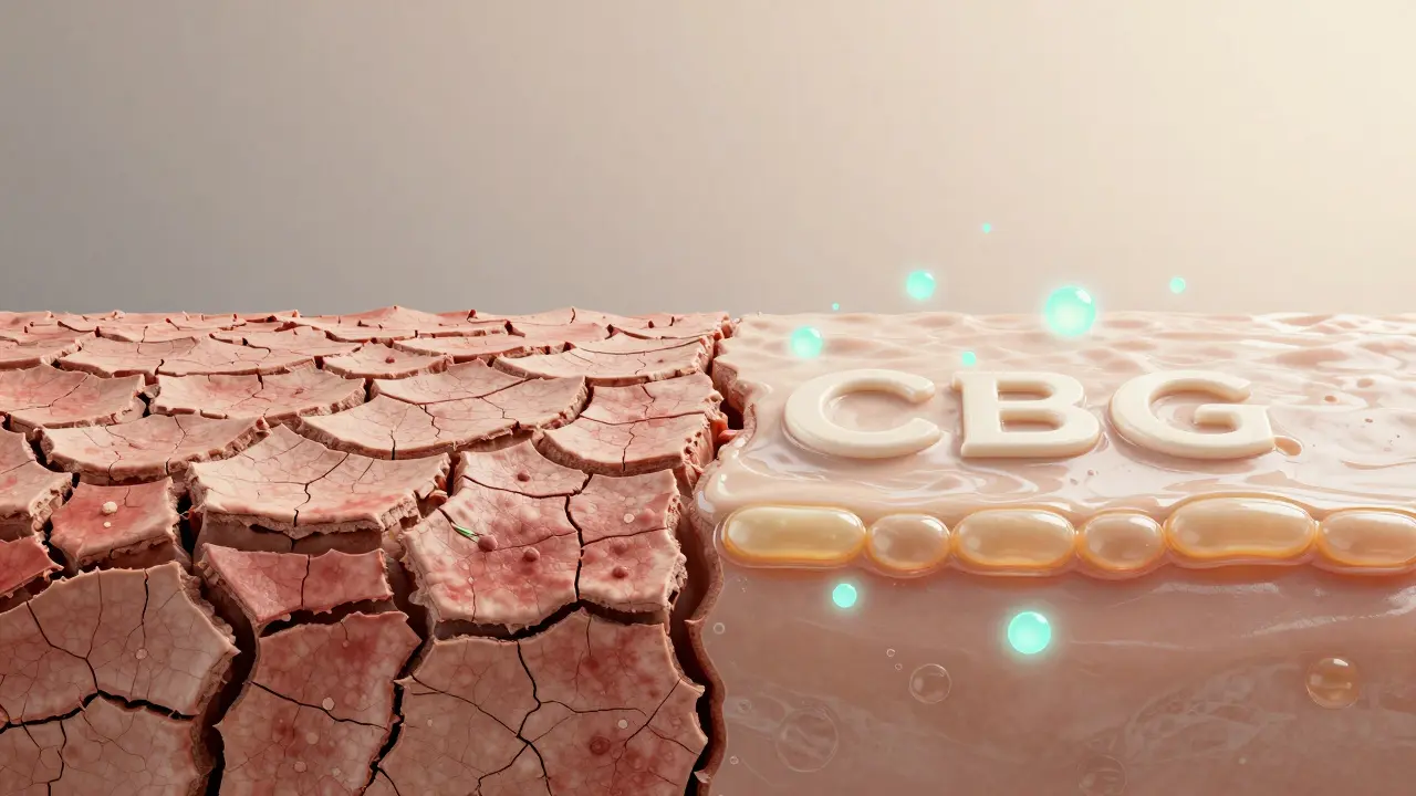 Léčba poškozené kůže: zánět přechází v obnovu s CBG molekulami.
