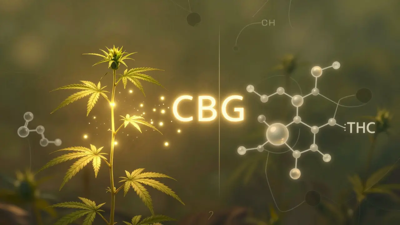 Mladá konopná rostlina s vyzařujícími CBG molekulami.