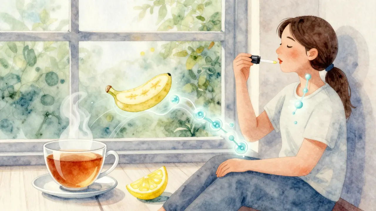 Osoba podává tinkturu pod jazyk, kolem ní plavou čaj, banán a citron, symbolizující bezpečné užívání.
