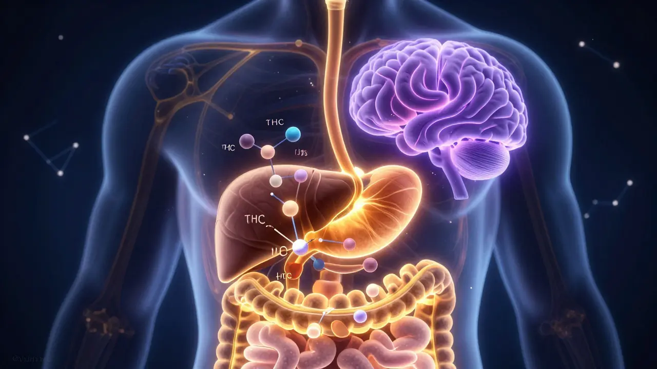 Schematic illustration of THC transforming into 11-hydroxy-THC in the liver and reaching the brain.
