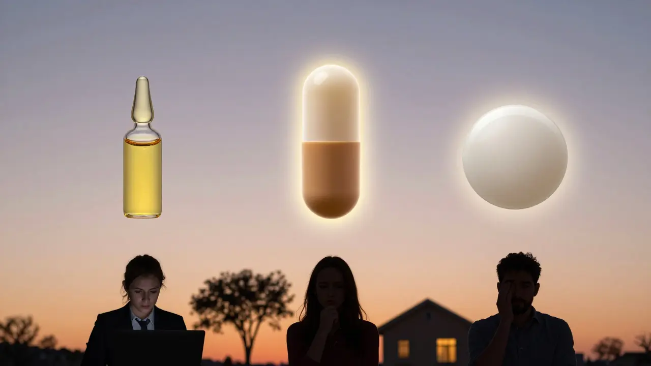Tři formy HHC ve vzduchu s různými aura efekty nad siluetami lidí v různých situacích.