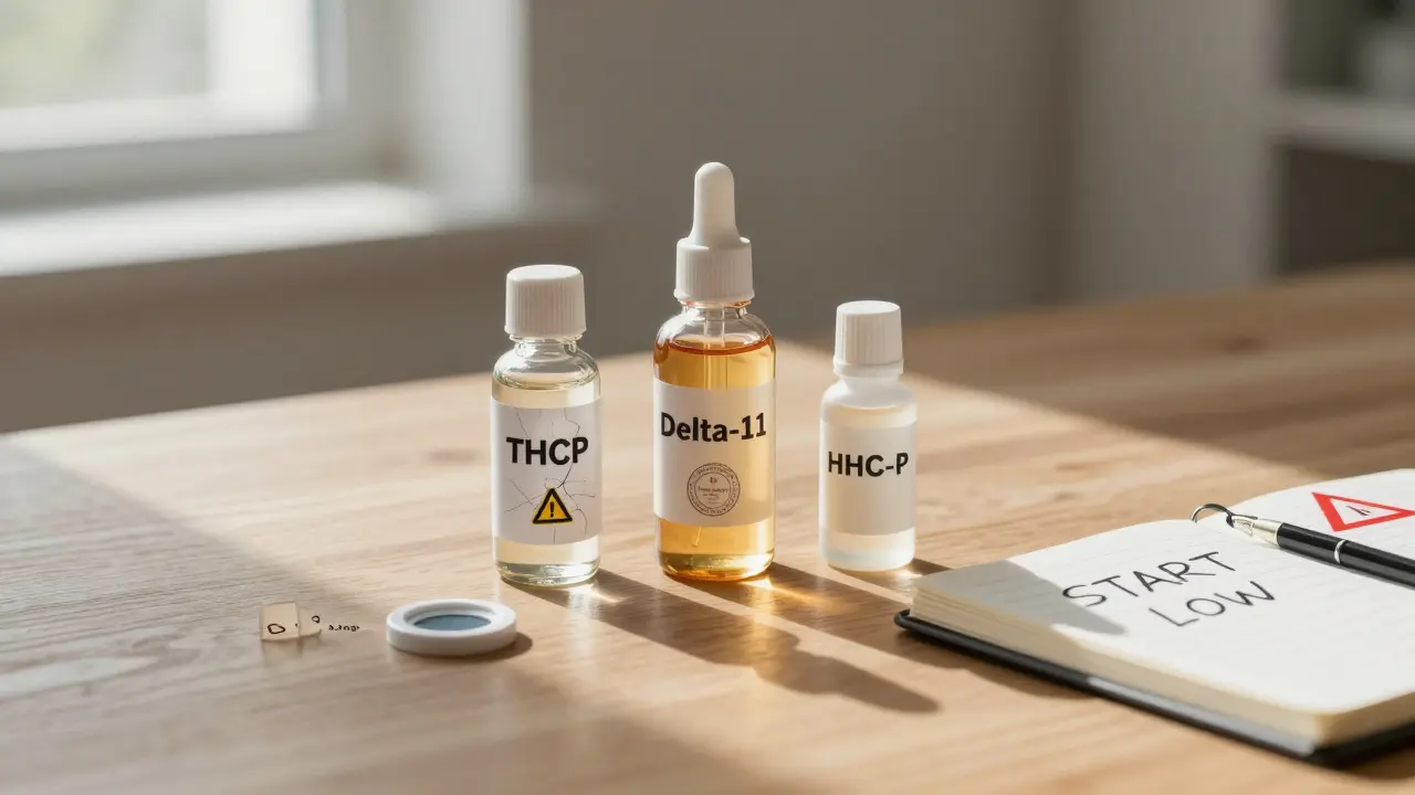 Tři láhve kanabinoidů na stole: THCP s varováním, Delta-11 s certifikátem a HHC-P mezi nimi.