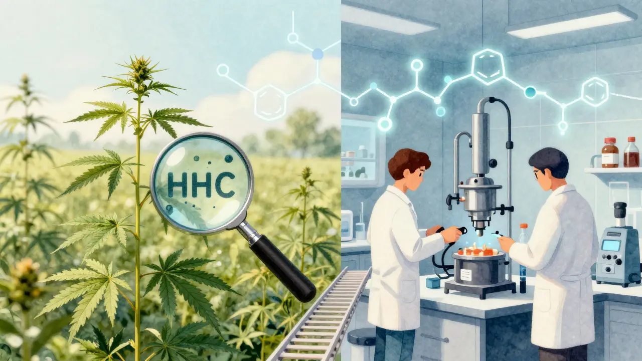 Divěná ilustrace: konopná rostlina a laboratoř spojené chemickými vazbami při přeměně CBD na HHC.