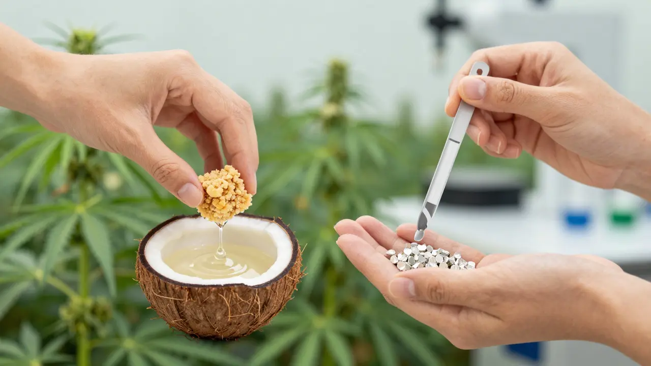 Dvě ruce: jedna přidává crumble do oleje, druhá přesně měří diamanty.