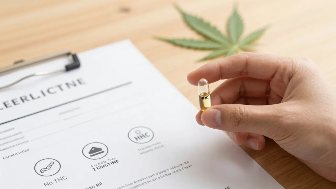 Kapsule s HHC na dřevěném stole s certifikací čistoty a bez THC.