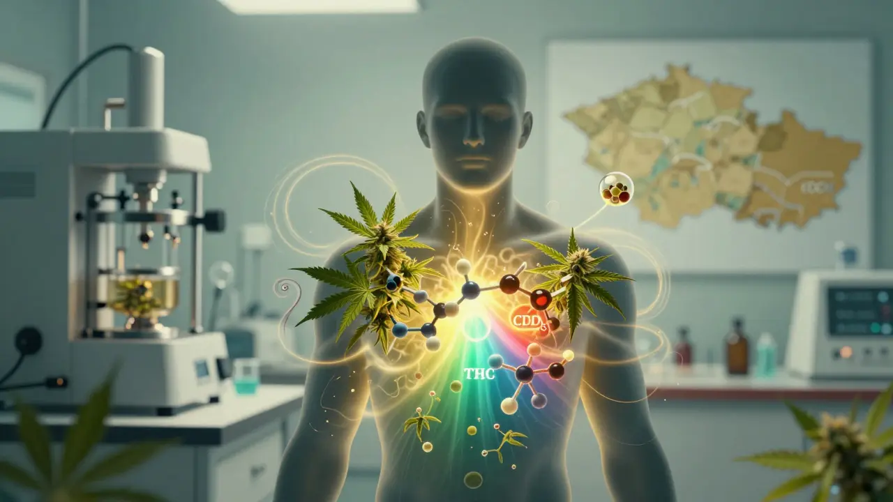 Lidský silueta s vyzařujícími kanabinoidy a terpeny, pozadí s českým konopím a laboratorním zařízením.