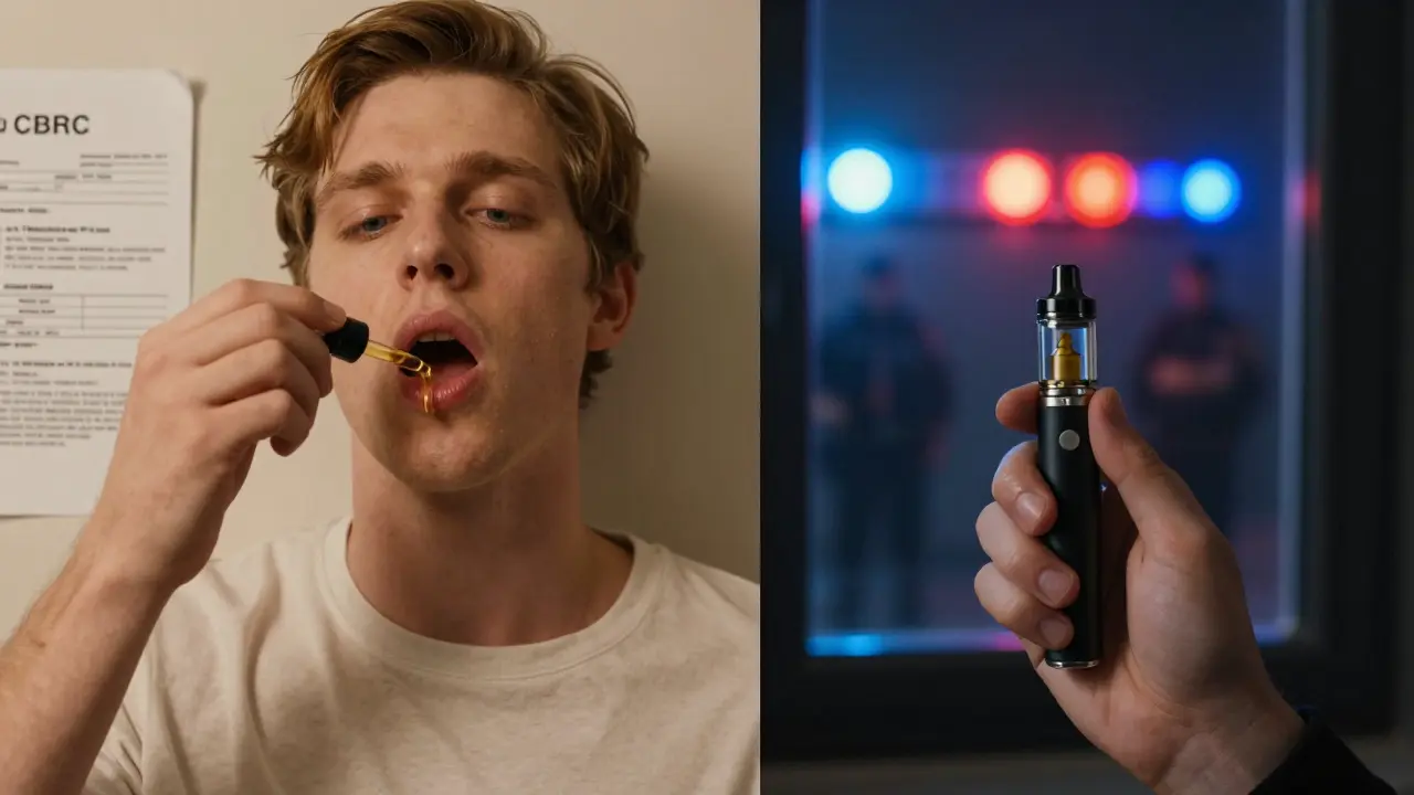 Osoba užívá CBD kapky bezpečně, zatímco jiná ruka drží vape s blikajícími policejními světly