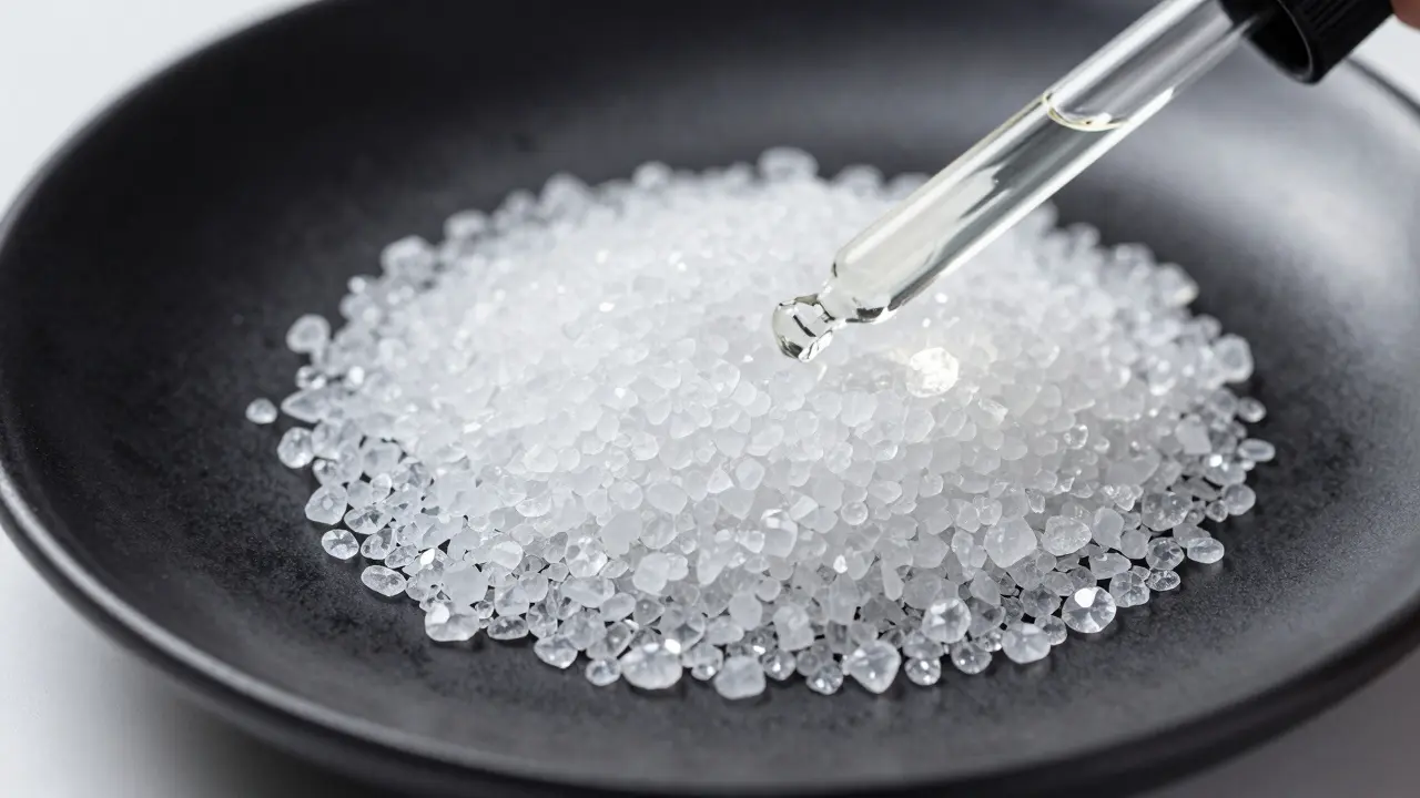 Průhledné krystaly CBD diamantů na černé tabulce s kapkou terpenového oleje.
