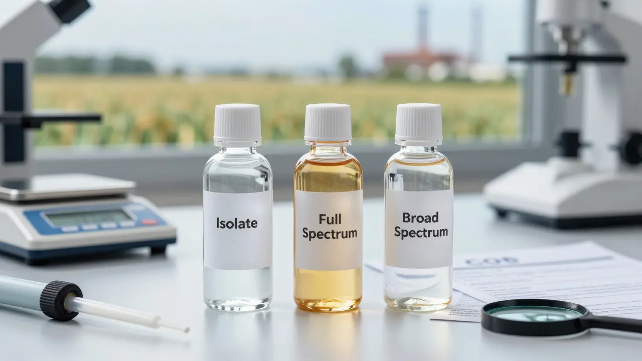 Tři láhve CBD s různými typy spektra na laboratorním stole s certifikátem analýzy a kapkací.