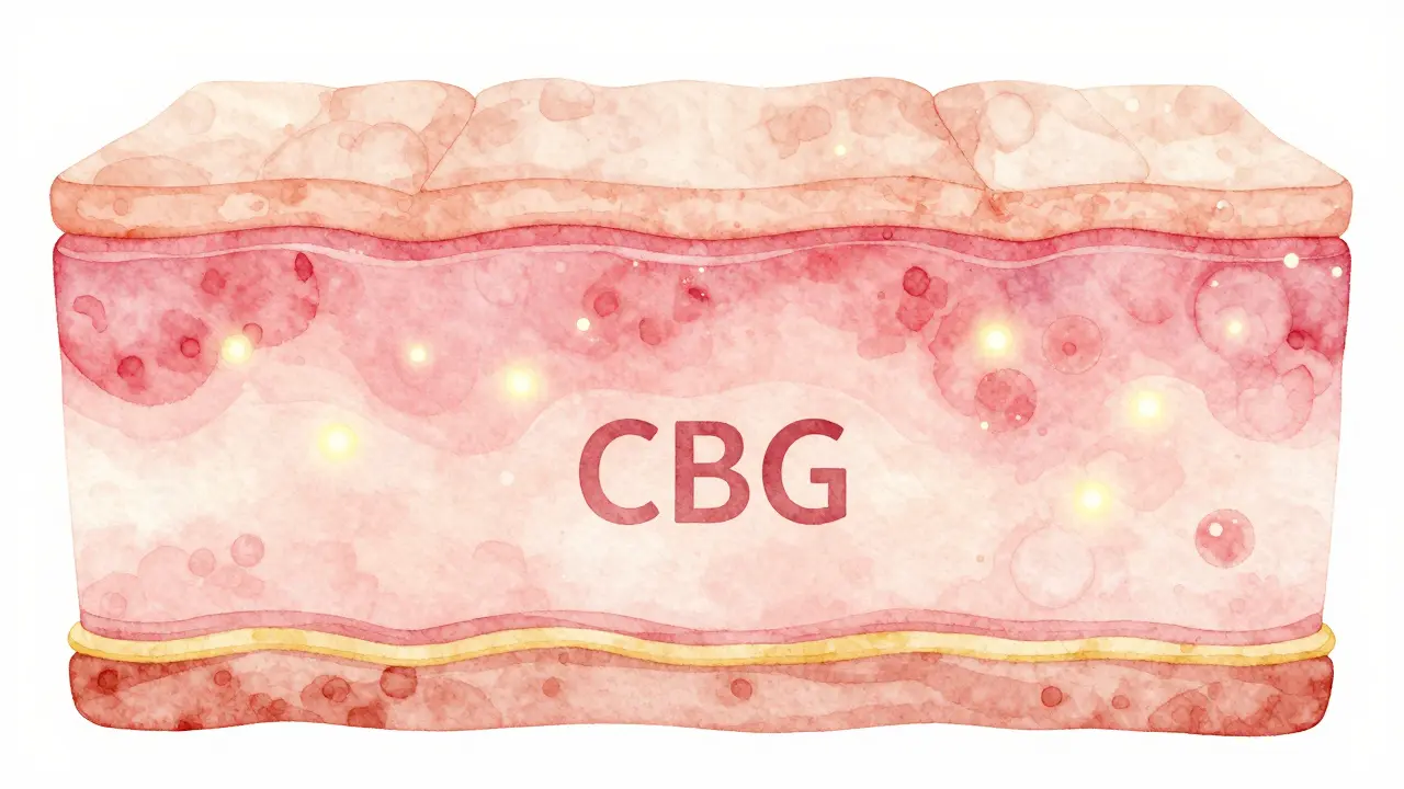 Umělecká ilustrace kůže s CBG molekulami v epidermis