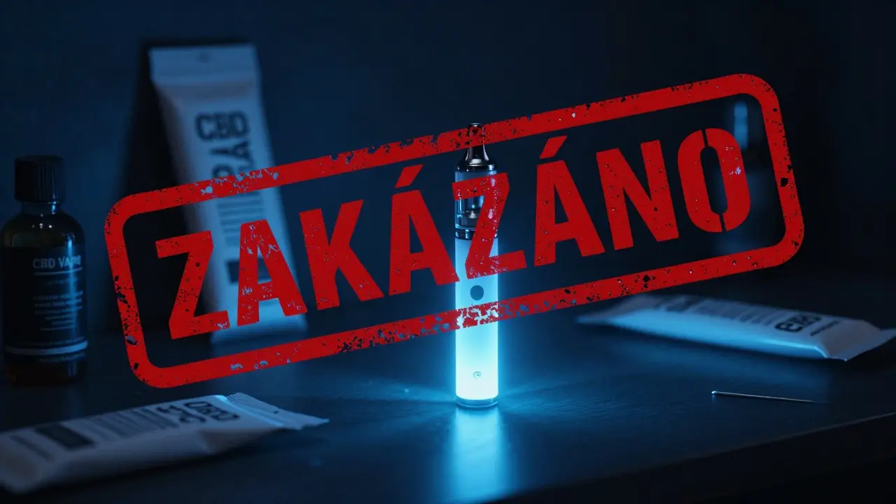 Vape perk s nápisem 'ne pro užívání' a červeným zákazem v temné místnosti
