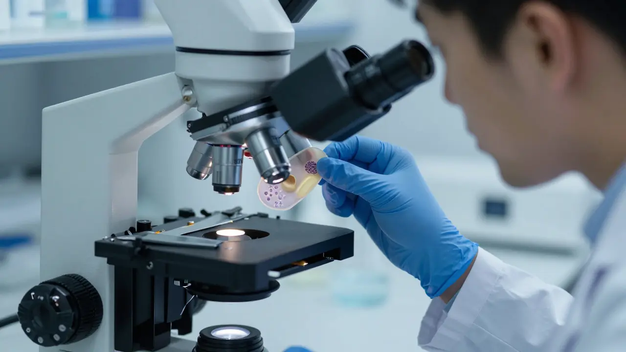 Vědec prozkoumá kůži pod mikroskopem s CBG v epidermis