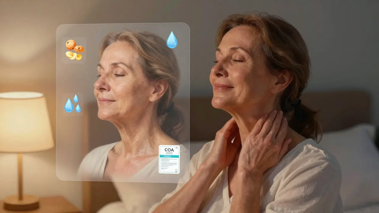 Žena masíruje krk večer s CBD krémem, viditelná transformace kůže.