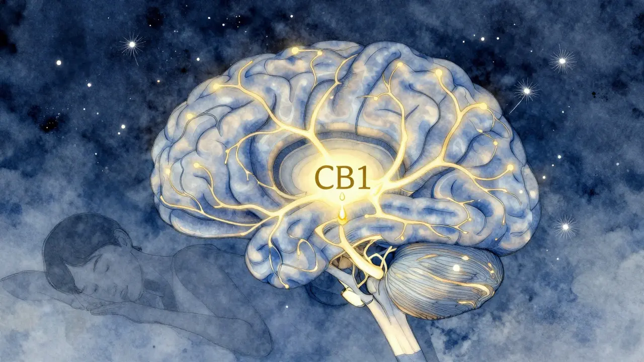 Abstraktní obraz mozku s aktivovanými receptory a kapkou CBN, symbolizující přírodní účinek na spánek.