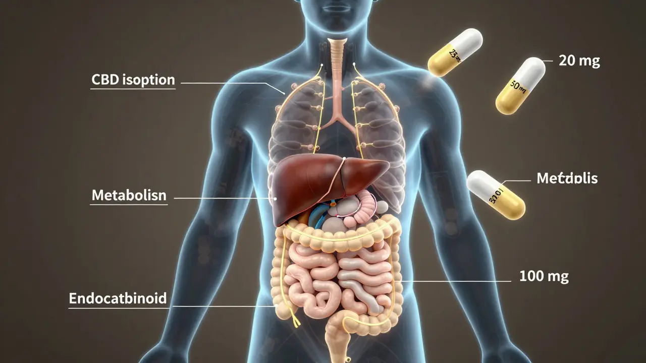 Konceptuální ilustrace lidského těla s cestami CBD a označenými dávkami 25 mg, 50 mg a 100 mg.