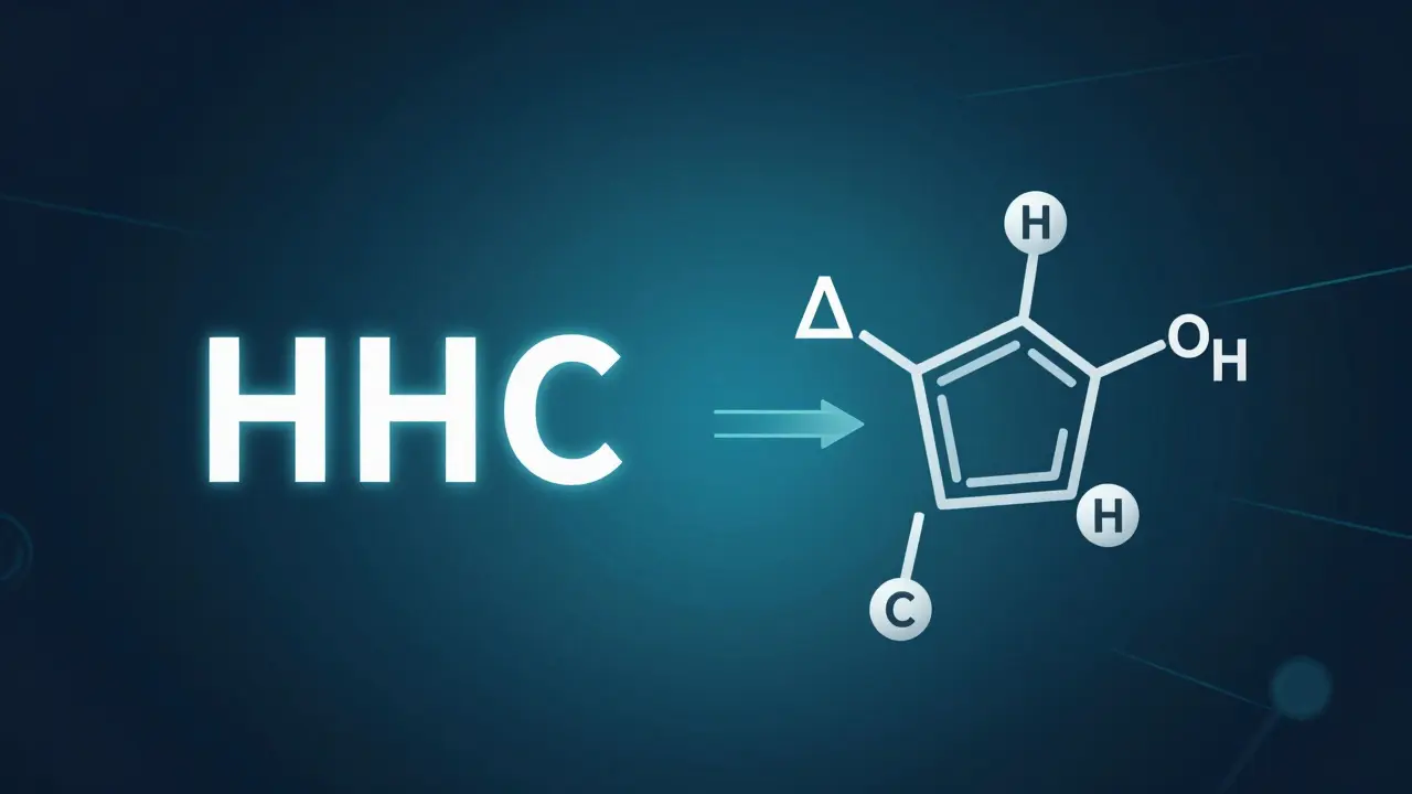 Molekulové struktury HHC a THC vedle sebe s přidáváním vodíkových atomů, vědecký styl s jemným zářením.