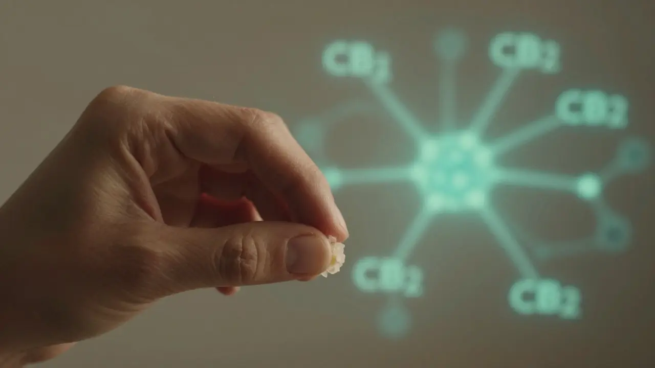 Ruka ukládající kousek CBD shatteru pod jazyk s abstraktním zářením nervových receptorů na pozadí.