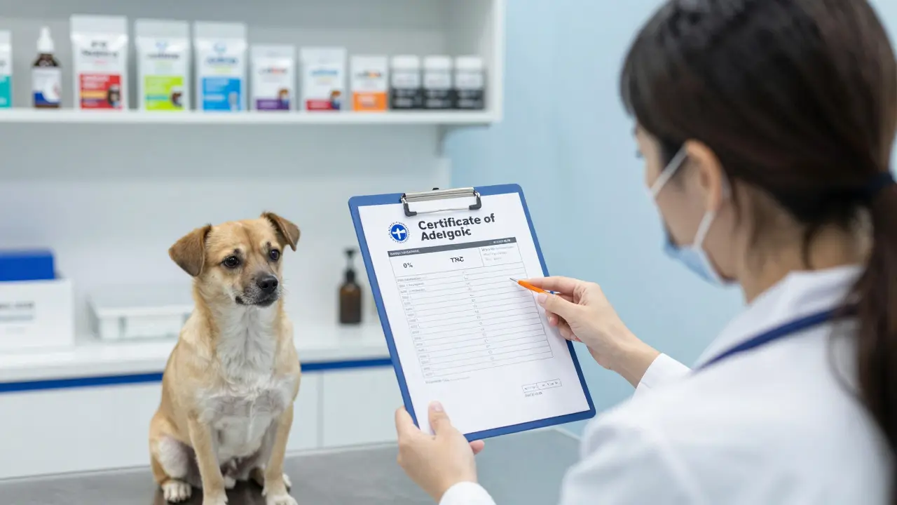 Veterinář ukazuje certifikát o analýze (COA) s 0 % THC zatímco pes a kočka klidně sedí vedle něj.