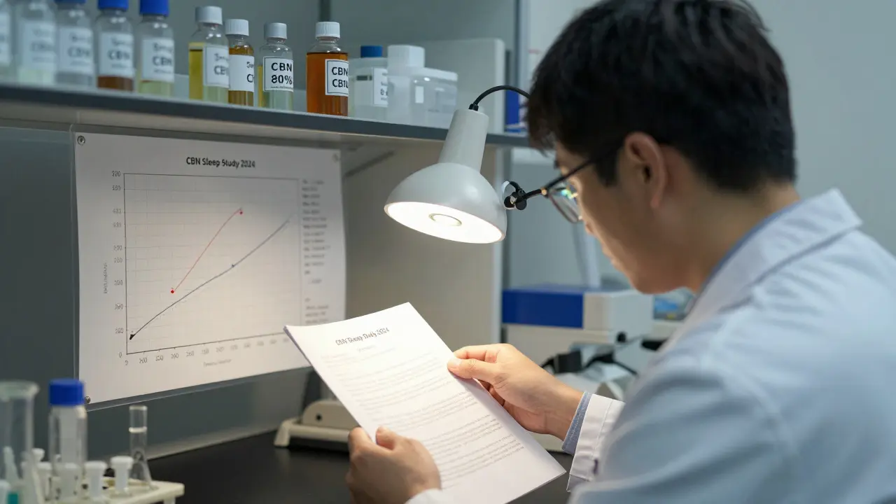 Výzkumník v laboratoři zkoumá data studie o účinku CBN na spánek.