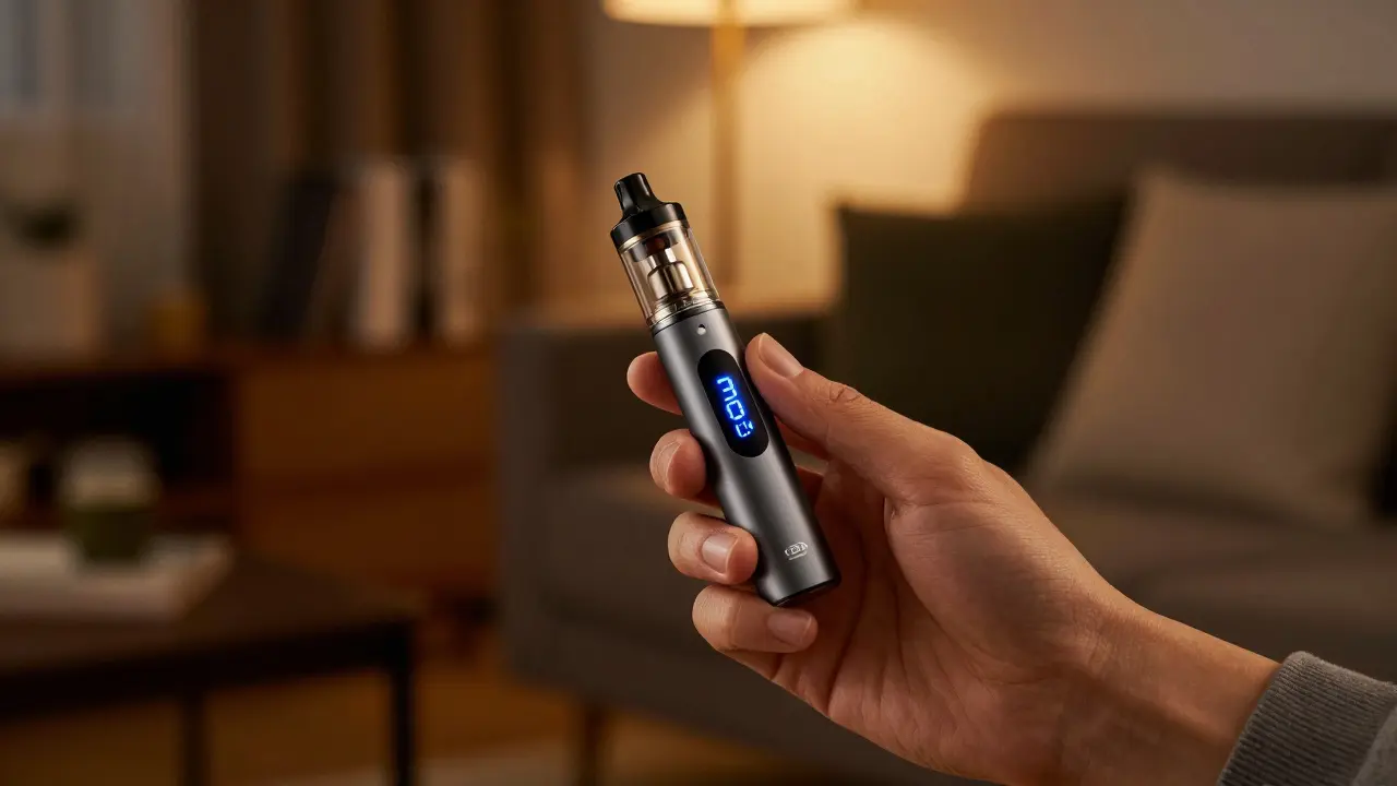 CBD vape pen s digitálním displejem nastaveným na 3.0V